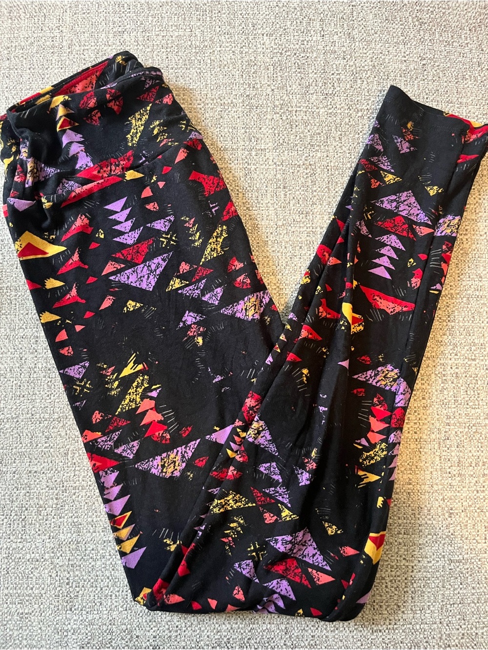 LuLaRoe OS Black Leggings with Red, Purple & Yellow Geometric Print